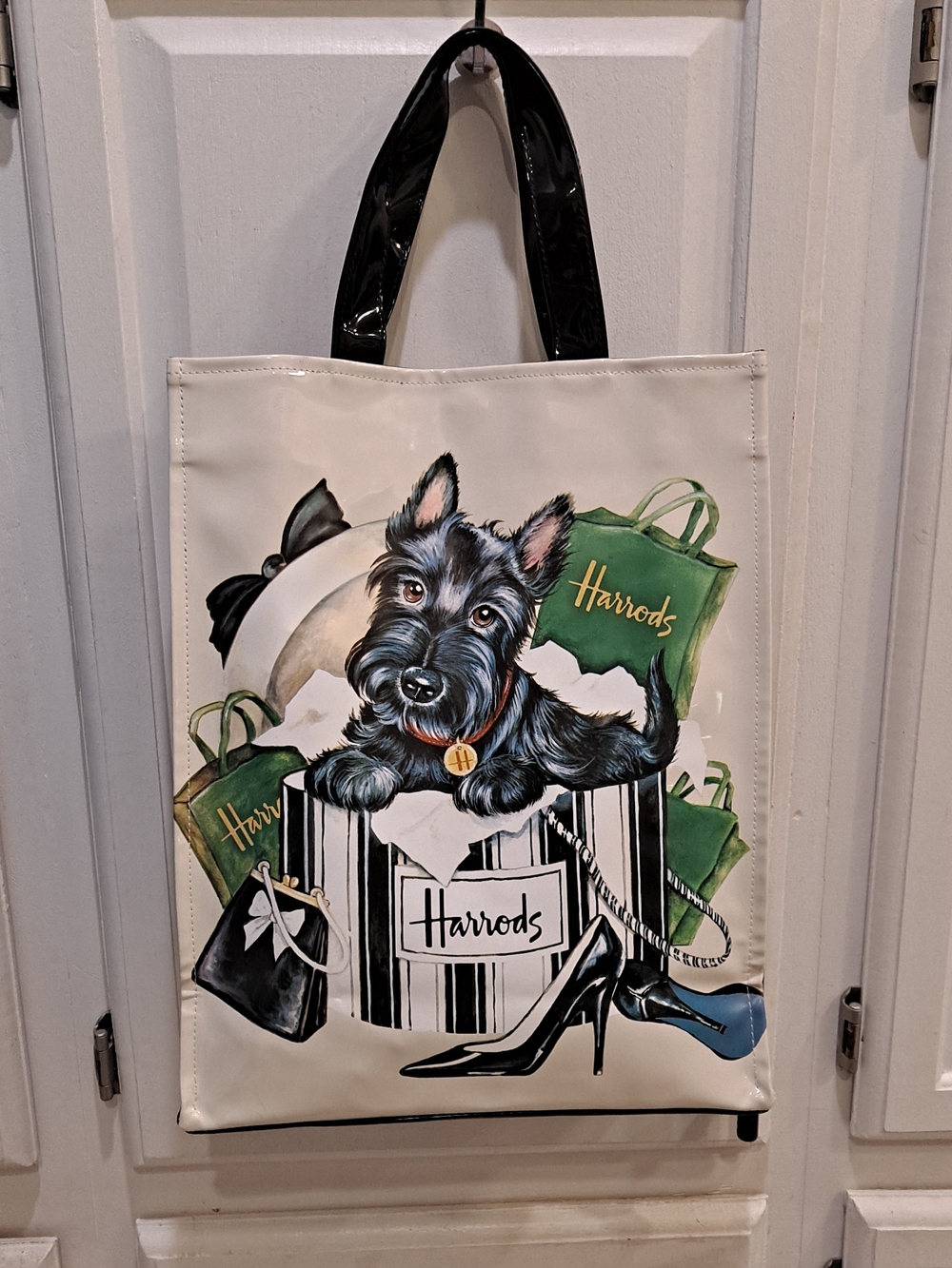 Harrods Of London Vintage Graphic Print Cream Tote Bag Black Scottie Dog